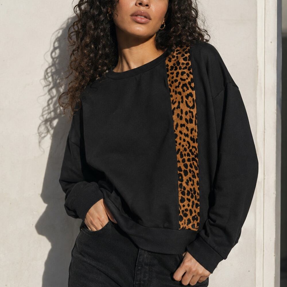 Mason Black Leopard Calf Hair Stripe Crew Neck Sweater
